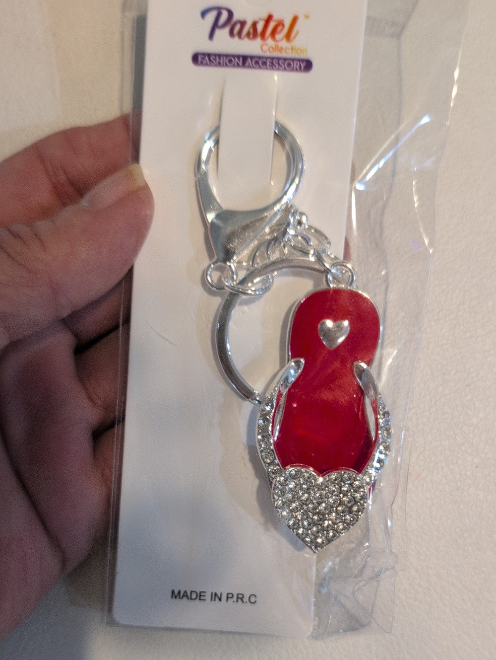 Red Flip-Flop Keychain with Crystal Heart
